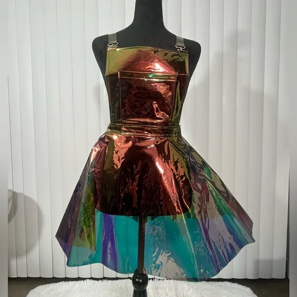 CLUB EXX Techno Gurl Hologram Vinyl Pinafore Overall Dress Metallic Blue Copper - Picture 2 of 12